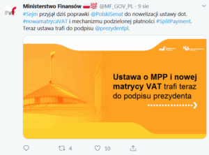 Ustawa o MPP i nowej matrycy VAT czeka na podpis prezydenta