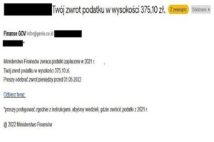 Oszuści rozsyłają fałszywe maile dotyczące zwrotu podatku z PIT za 2021 r.