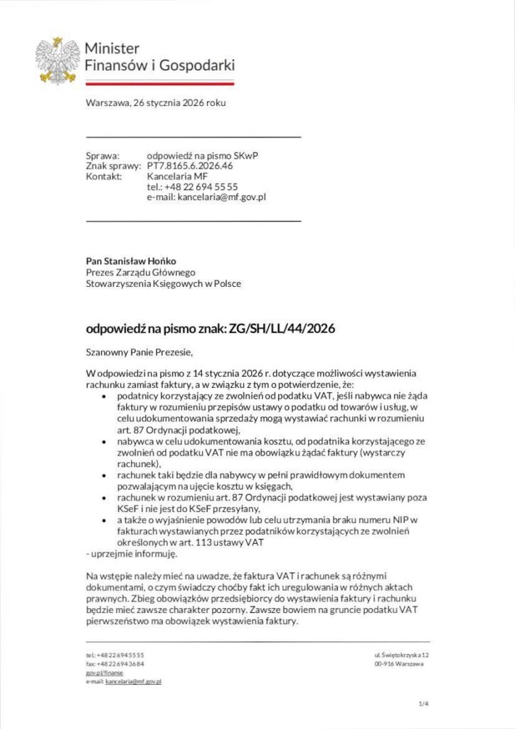 Pełna odpowiedź MF na pismo SKwP