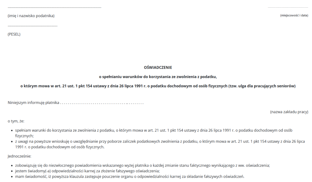 Wzór oświadczenia o spełnianiu warunków do korzystania ze zwolnienia z podatku w ramach ulgi dla seniora