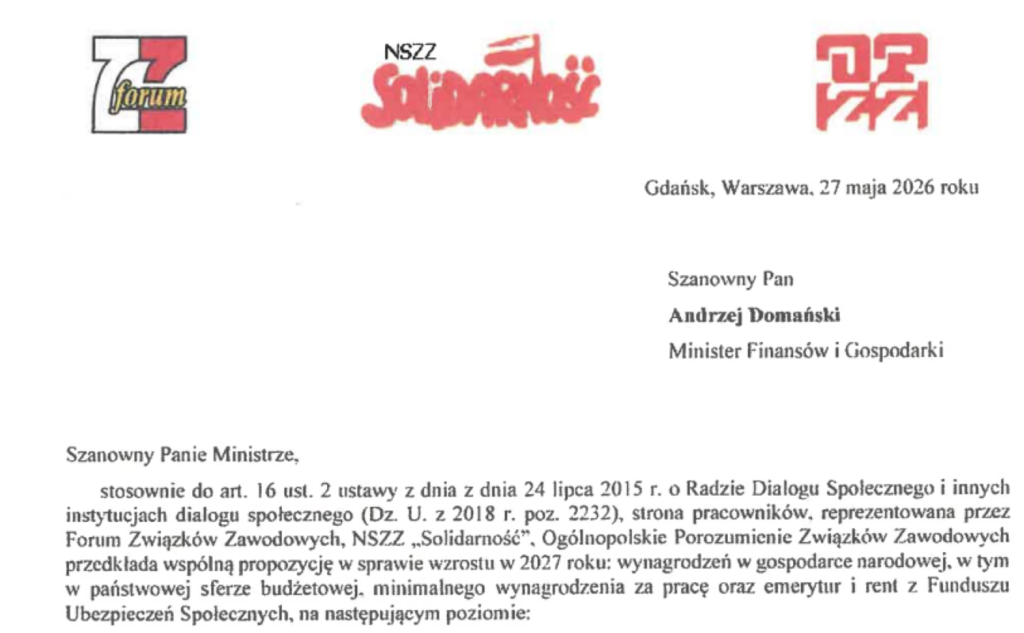 Związki zawodowe, pismo do MF