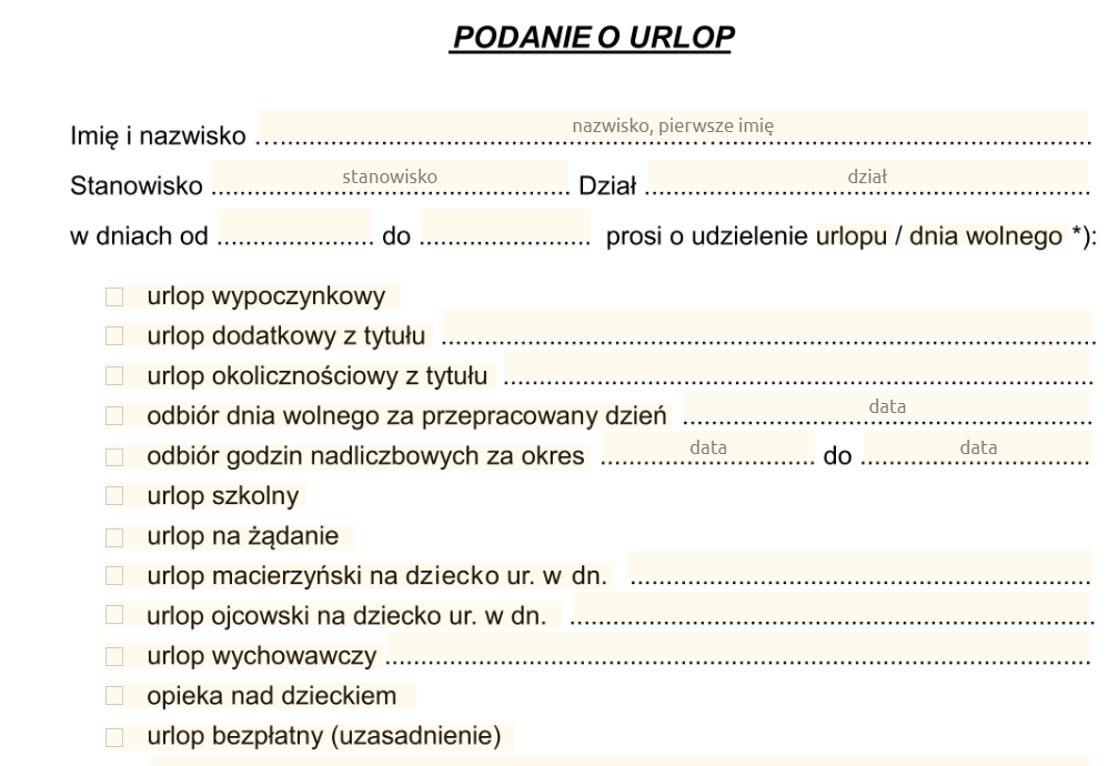 Urlop, wzór, wniosek
