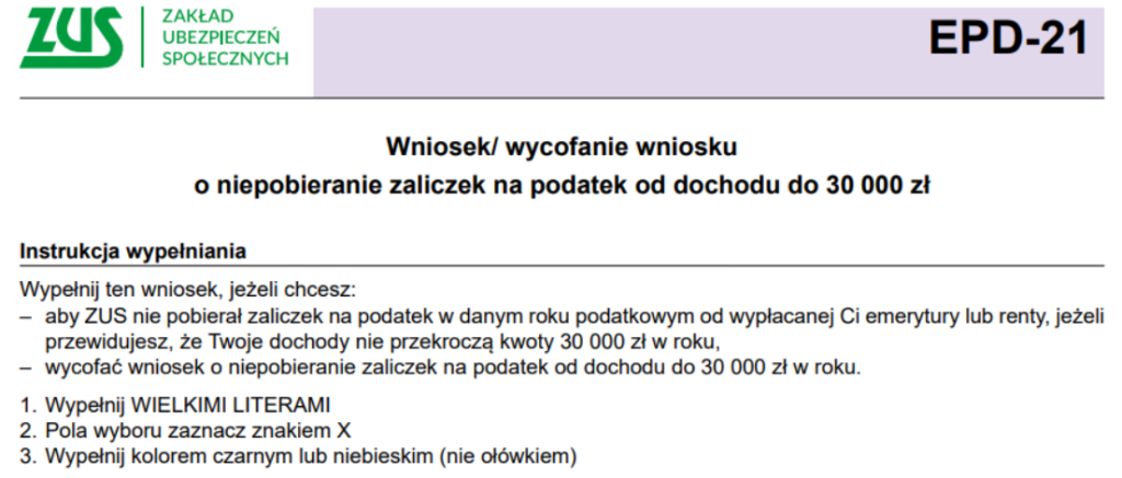 EPD-21, wniosek ZUS, zaliczki PIT
